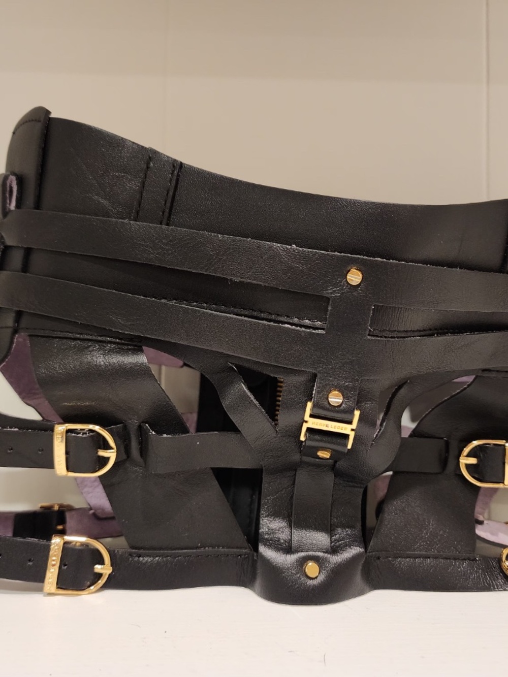 Hervé Legér Strappy Black Leather Corset Harness Belt with Gold Hardware - Picture 5 of 9
